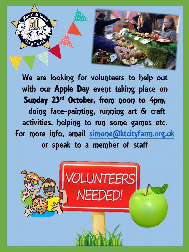 We are looking for volunteers to help out with our Apple Day event taking place OD Sunday 23rd October, from noon to 4pm, doing face-painting, running art & craft activities, helping to run some games etc. 
For more info, email
simone@ktcityfarm.org.uk
or speak to a member of staff